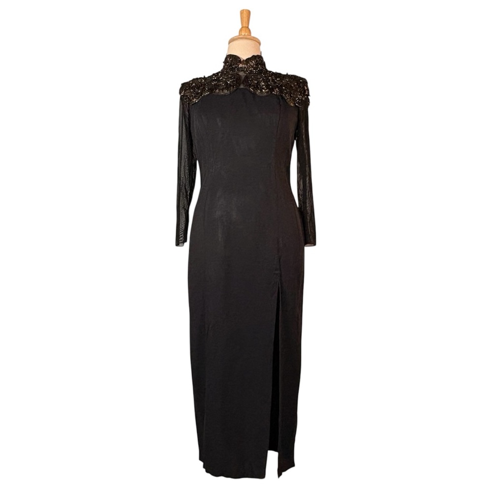 Vintage Black Metallic Lace‎ Maxi Dress Women’s XL Long Sheer Sleeve Glam Retro